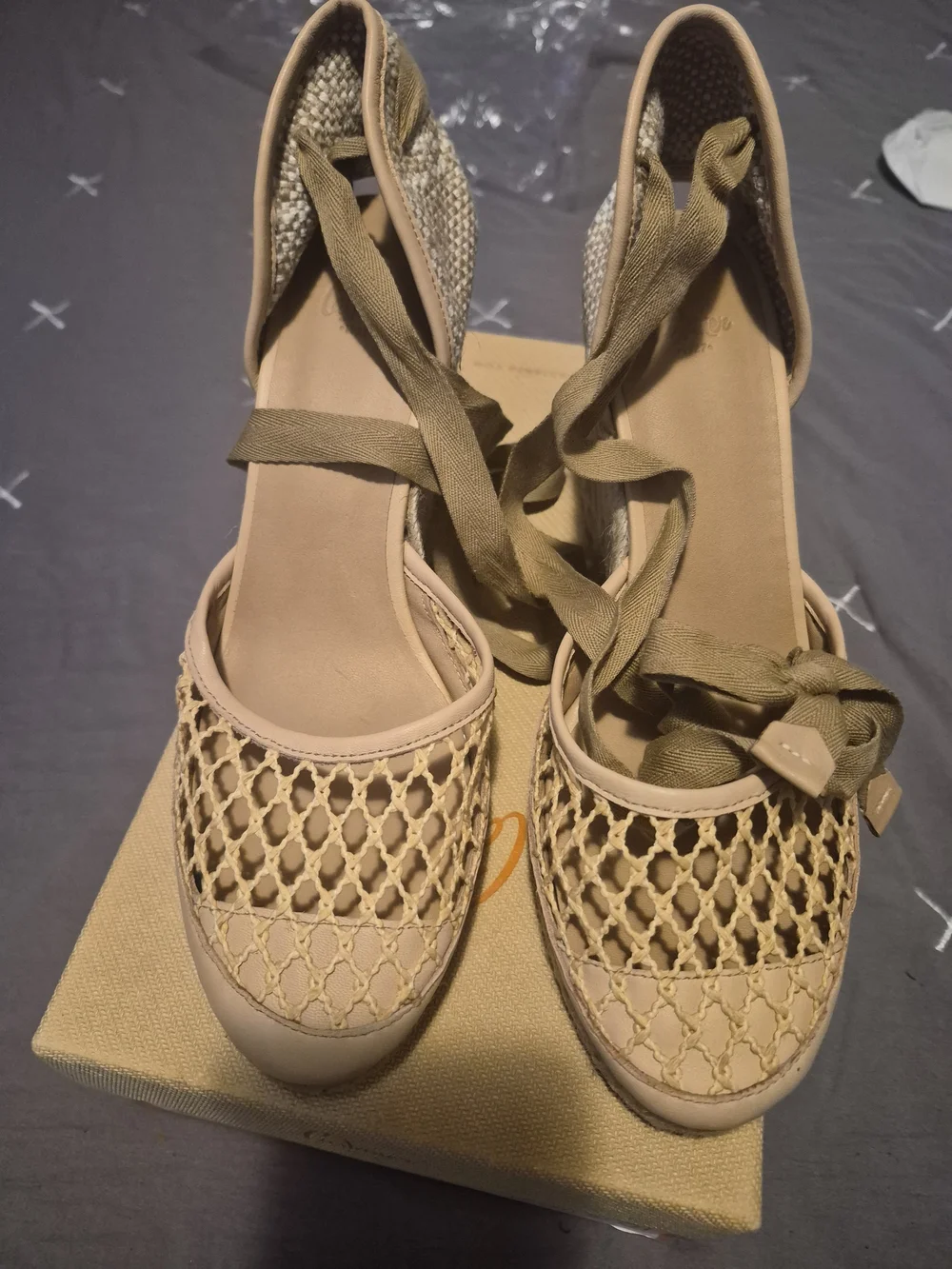 Castaner Beige Woven Espadrille Wedge Sandals with Tie-Up Straps